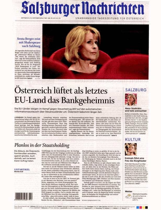 Titelseite der Salzburger Nachrichten mit einem Artikel über Senta Berger.