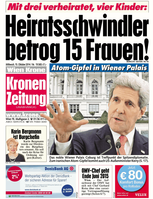 Titelseite der „Kronen Zeitung“ vom 15. Oktober 2014 mit einem Artikel über einen Heiratsschwindler und einem Foto von John Kerry.