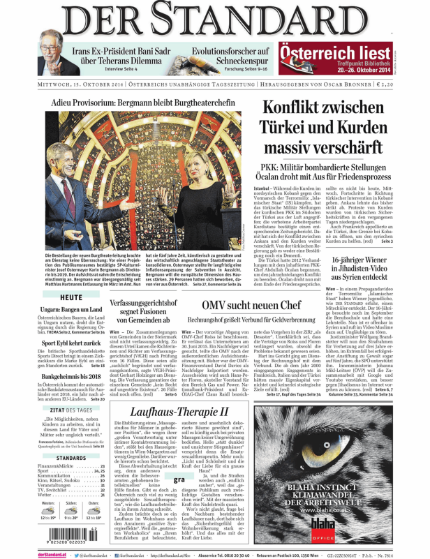 Titelseite der Zeitung „Der Standard“ vom 15. Oktober 2014.