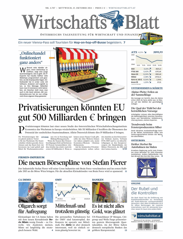 Titelseite des Wirtschaftsblatt vom 15. Oktober 2014.