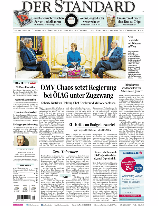 Titelseite der Zeitung „Der Standard“ vom 16. Oktober 2014.