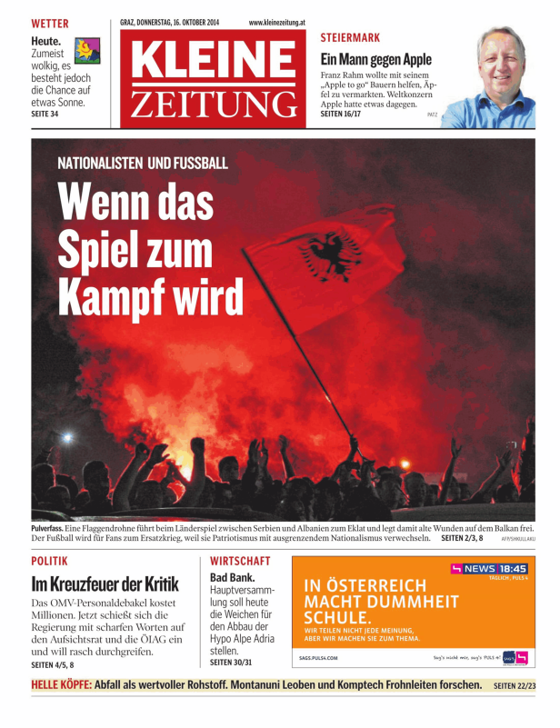 Titelseite der Kleinen Zeitung vom 16. Oktober 2014 mit dem Titel „Wenn das Spiel zum Kampf wird“.