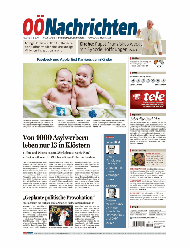 Titelseite der OÖNachrichten vom 16. Oktober 2014 mit verschiedenen Artikeln.