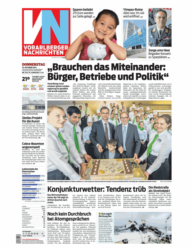 Titelseite der Vorarlberger Nachrichten vom 16. Oktober 2014.