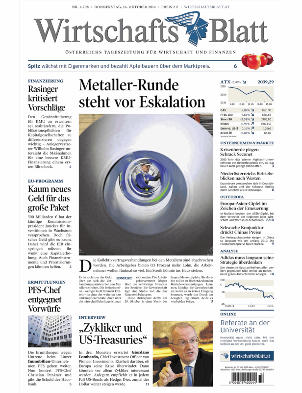 Titelseite des Wirtschaftsblatt vom 16. Oktober 2014.