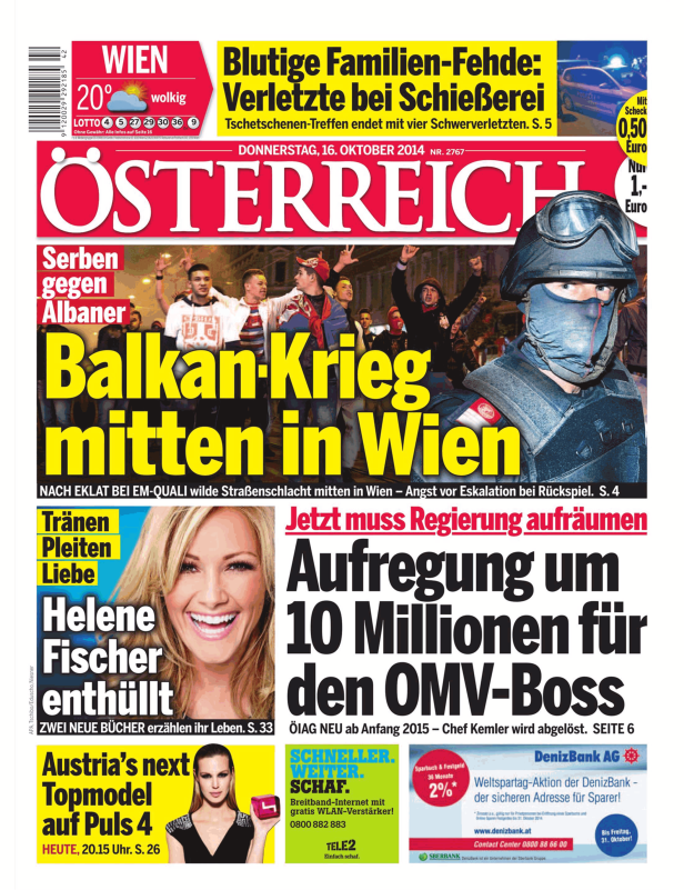 Titelseite der Zeitung „Österreich“ vom 16. Oktober 2014 mit Schlagzeilen zu verschiedenen Themen.