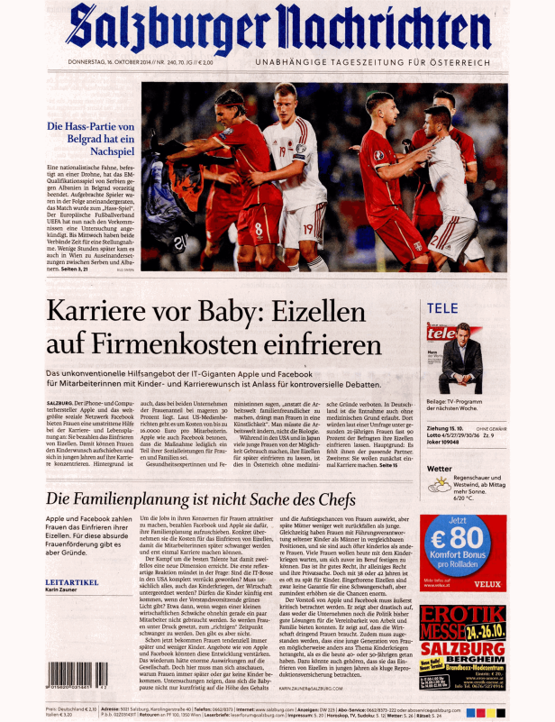 Titelseite der Salzburger Nachrichten vom 16. Oktober 2014.