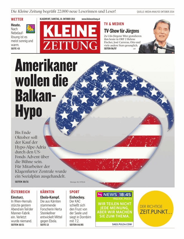 Titelseite der Kleinen Zeitung vom 18. Oktober 2014 mit der Schlagzeile „Amerikaner wollen die Balkan-Hypo“.