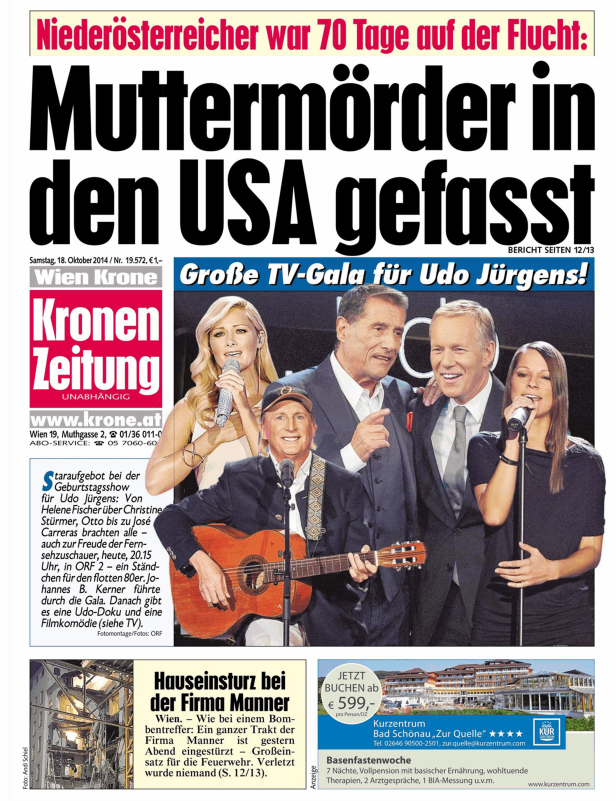 Ausschnitt aus der Titelseite der Kronen Zeitung vom 18. Oktober 2014 mit einer Ankündigung einer TV-Gala für Udo Jürgens.