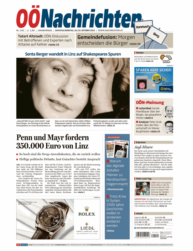 Titelseite der OÖNachrichten vom 18./19. Oktober 2014 mit Senta Berger als Aufmacher.