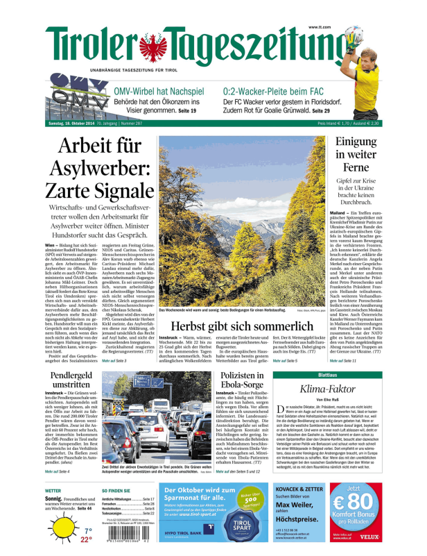 Titelseite der Tiroler Tageszeitung vom 18. Oktober 2014.