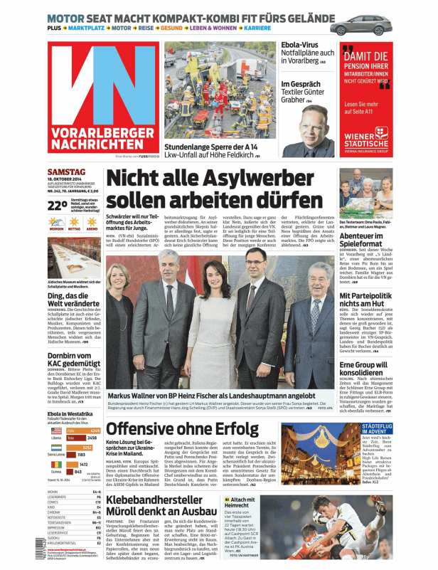 Titelseite der Vorarlberger Nachrichten vom 18. Oktober 2014.