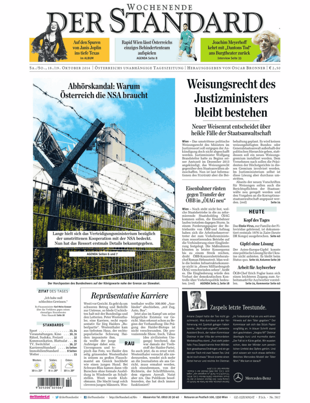 Titelseite der österreichischen Zeitung „Der Standard“ vom 18./19. Oktober 2014.
