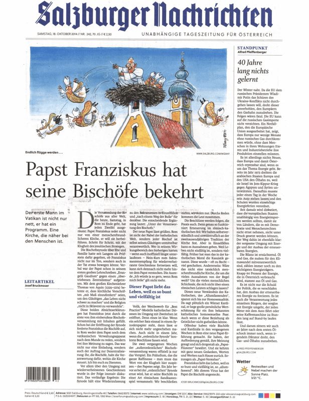 Karikatur in den Salzburger Nachrichten zeigt Papst Franziskus mit flügge werdenden Bischöfen.