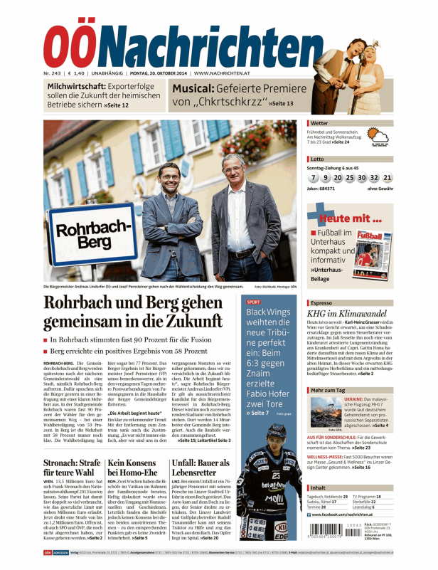 Titelseite der Oberösterreichischen Nachrichten vom 20. Oktober 2014.