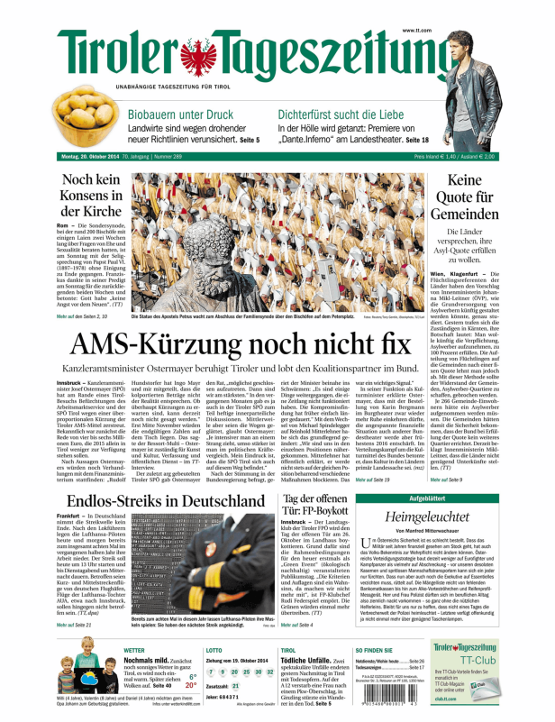 Titelseite der Tiroler Tageszeitung vom 20. Oktober 2014.