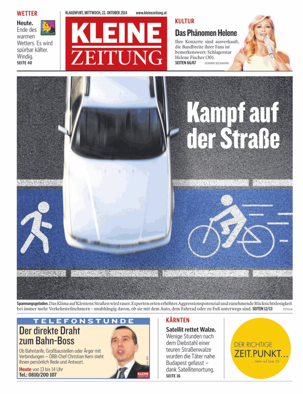 Die Titelseite der Kleinen Zeitung vom 22. Oktober 2014 zeigt eine Illustration zum Thema „Kampf auf der Straße“.