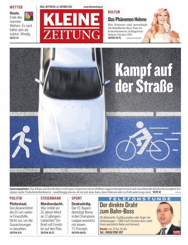 Symbolische Darstellung des „Kampfs auf der Straße“ mit Auto-, Fußgänger- und Fahrradsymbolen.