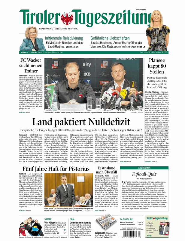 Titelseite der Tiroler Tageszeitung vom 22. Oktober 2014.