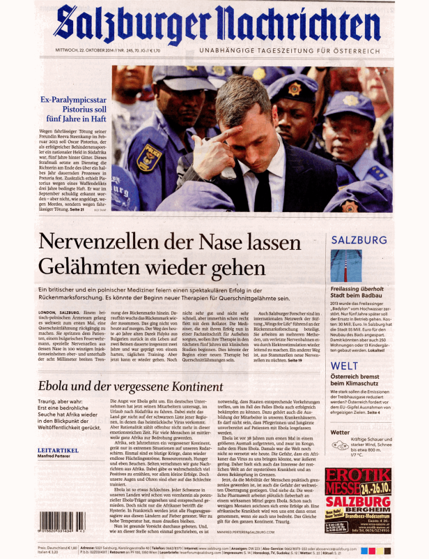 Titelseite der Salzburger Nachrichten vom 22. Oktober 2014.