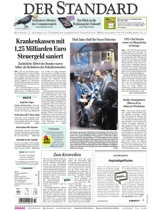 Titelseite der Zeitung Der Standard vom 22. Oktober 2014.