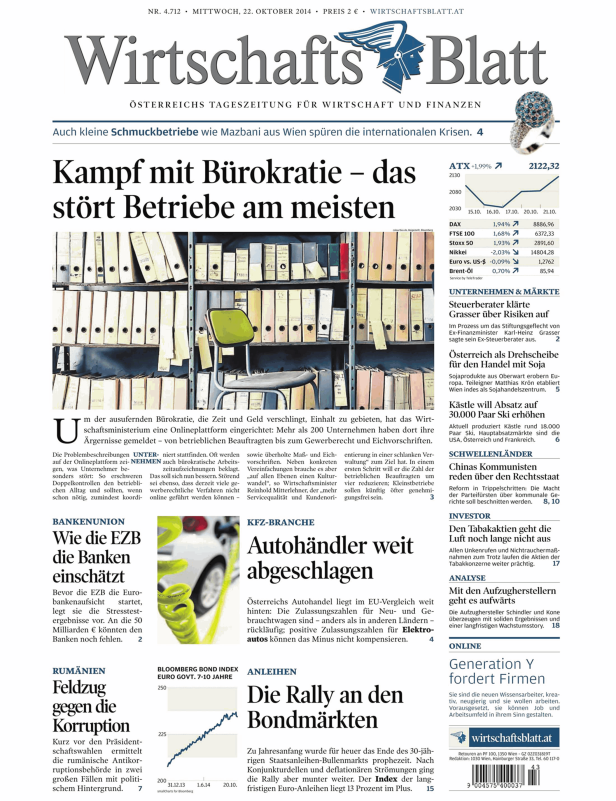 Titelseite des Wirtschaftsblatt vom 22. Oktober 2014.