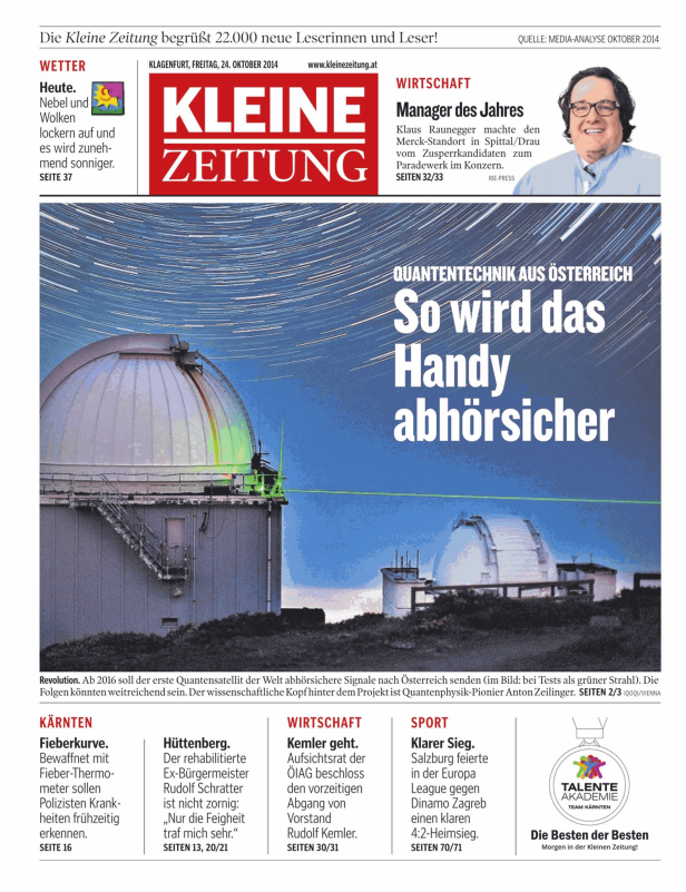 Titelseite der „Kleinen Zeitung“ mit Artikel über Quantentechnik und abhörsichere Handys.