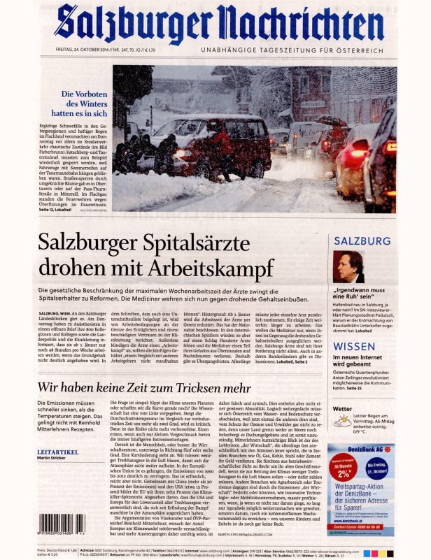 Schneefall führt zu Verkehrschaos in Salzburg, wie die Titelseite der Zeitung „Salzburger Nachrichten“ zeigt.