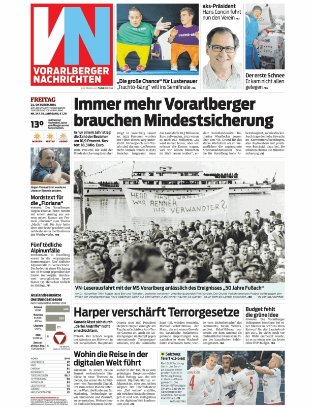 Titelseite der Vorarlberger Nachrichten vom 24. Oktober 2014.