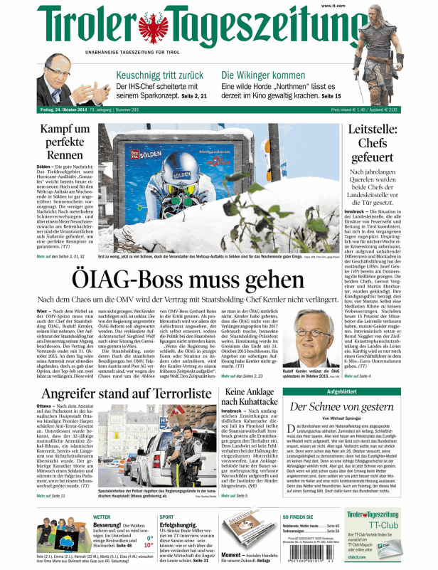 Titelseite der Tiroler Tageszeitung vom 24. Oktober 2014.