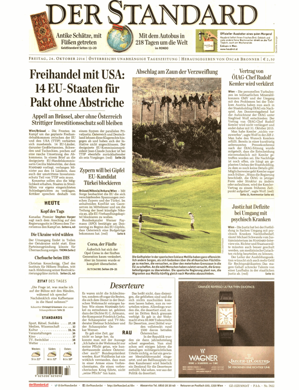 Titelseite der Zeitung „Der Standard“ vom 24. Oktober 2014.