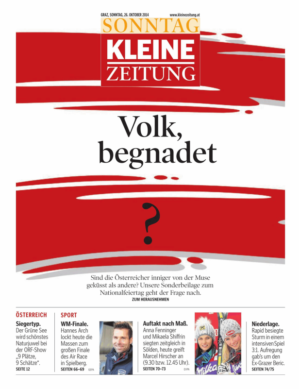 Titelseite der „Kleinen Zeitung“ vom 26. Oktober 2014 mit dem Titel „Volk, begnadet“.