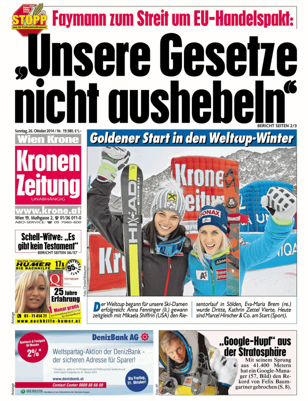 Anna Fenninger und Eva-Maria Brem auf einem Foto der „Kronen Zeitung“ zum Weltcup-Start.