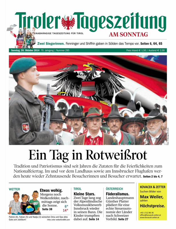 Titelseite der Tiroler Tageszeitung vom 26. Oktober 2014 mit Bildern zum Nationalfeiertag.