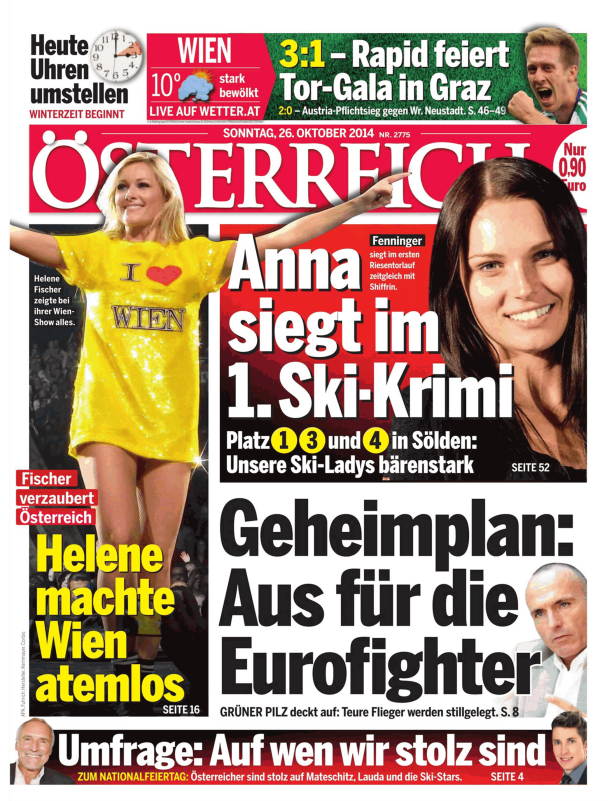 Titelseite der Zeitung „Österreich“ mit Schlagzeilen zu Helene Fischer und Anna Fenninger.