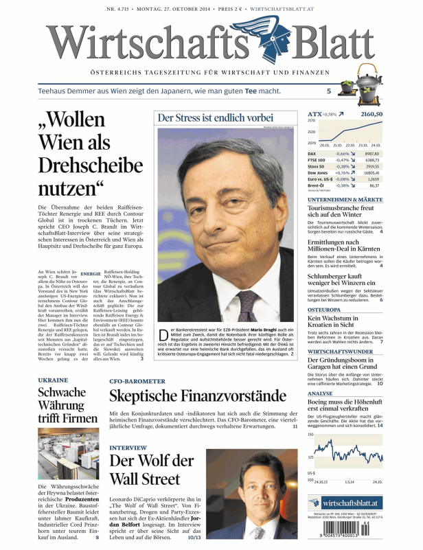Titelseite des WirtschaftsBlatt vom 27. Oktober 2014 mit Artikeln zu Wirtschaft und Finanzen.