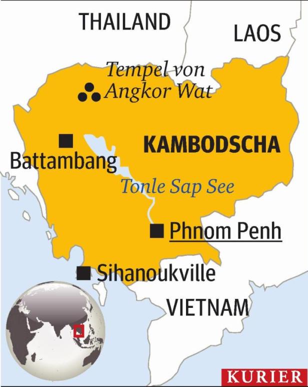 Eine Karte von Kambodscha mit den Städten Phnom Penh und Battambang sowie dem Tempel von Angkor Wat.