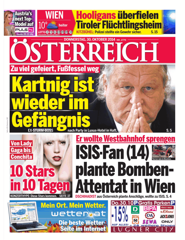 Titelseite der österreichischen Zeitung „Österreich“ vom 30. Oktober 2014.