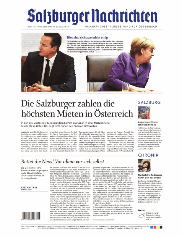 Titelseite der Salzburger Nachrichten vom 4. November 2014.