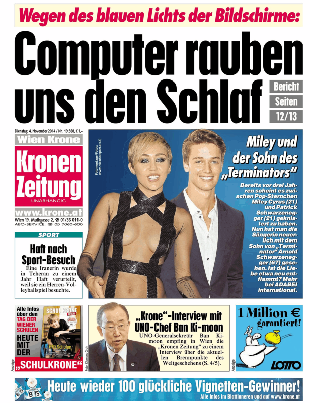 Titelseite der „Kronen Zeitung“ mit einem Artikel über Miley Cyrus und Patrick Schwarzenegger.