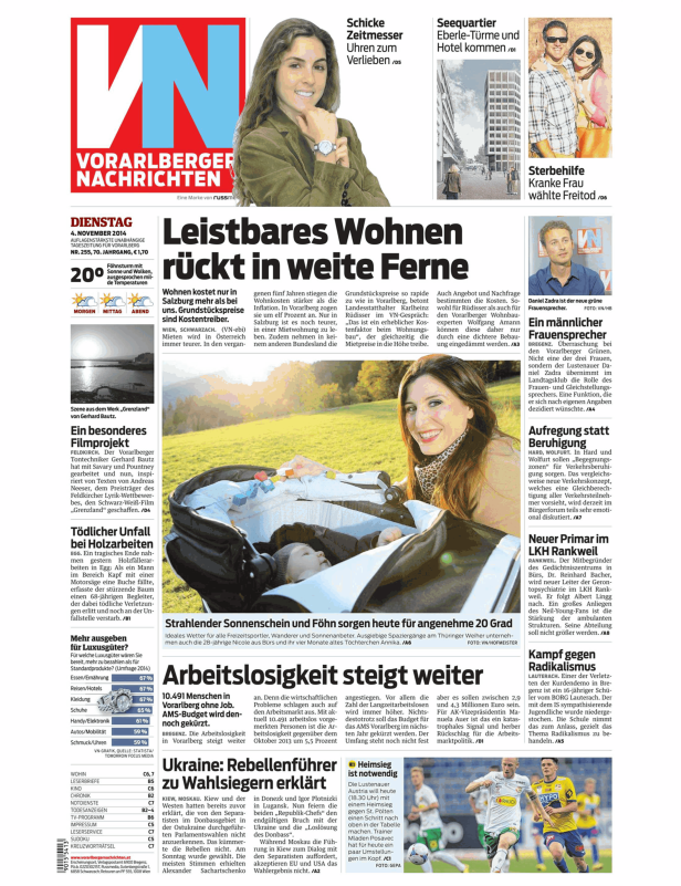 Titelseite der Vorarlberger Nachrichten vom 4. November 2014.