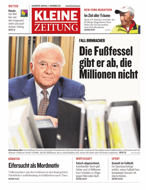 Titelseite der Kleinen Zeitung vom 4. November 2014 mit dem Fall Birnbacher als Hauptthema.