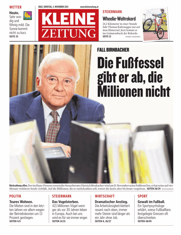 Titelseite der Kleinen Zeitung vom 4. November 2014 mit einem Artikel über Dietrich Birnbacher.