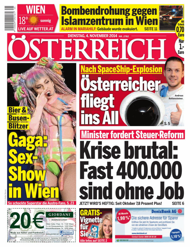 Titelseite der Zeitung „Österreich“ vom 4. November 2014 mit Lady Gaga und einem österreichischen Astronauten.
