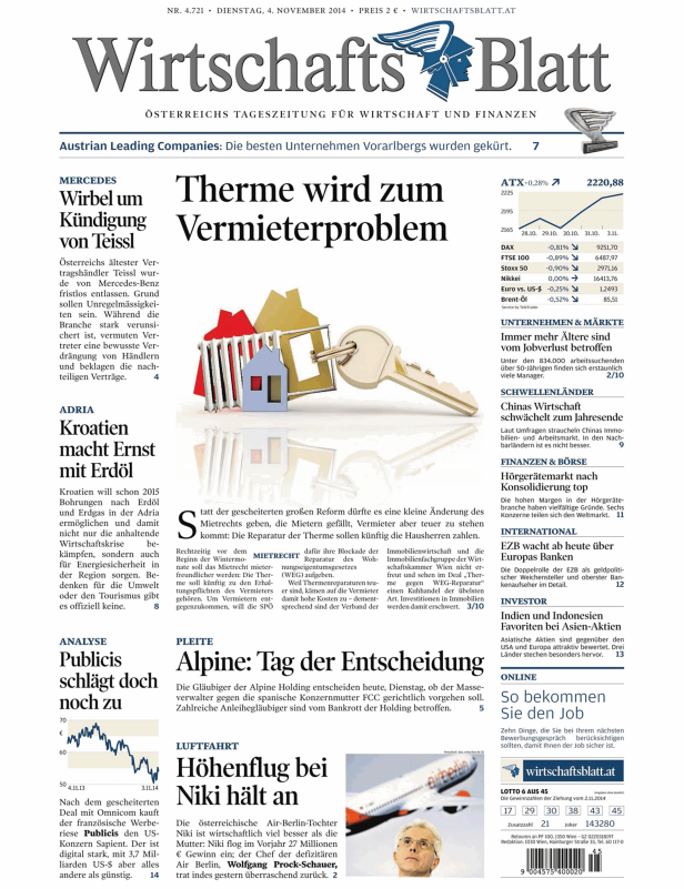 Eine Titelseite des Wirtschaftsblatt mit der Schlagzeile „Therme wird zum Vermieterproblem“.