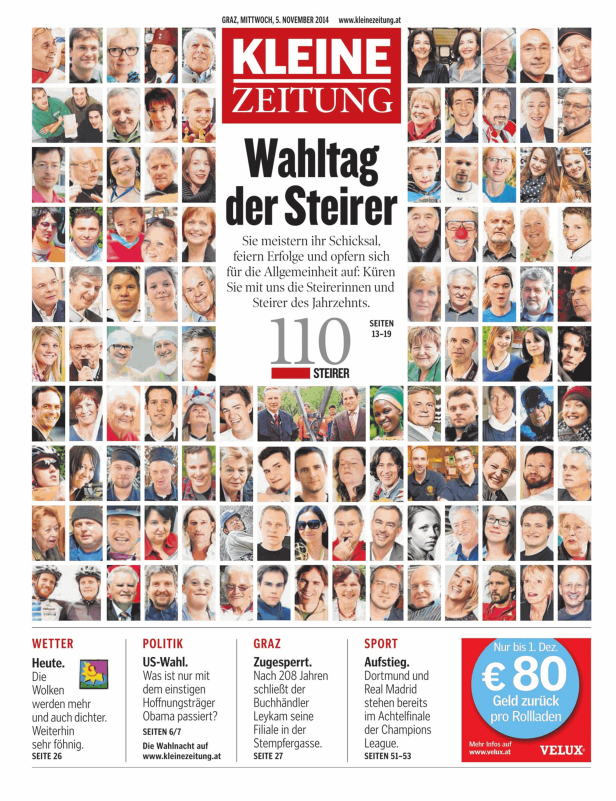 Titelseite der Kleinen Zeitung vom 5. November 2014 mit dem Titel „Wahltag der Steirer“ und vielen Porträtfotos.