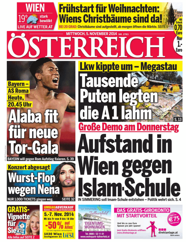 Titelseite der Zeitung „Österreich“ vom 5. November 2014 mit Schlagzeilen zu Alaba, einem Lkw-Unfall und Protesten gegen eine Islam-Schule.