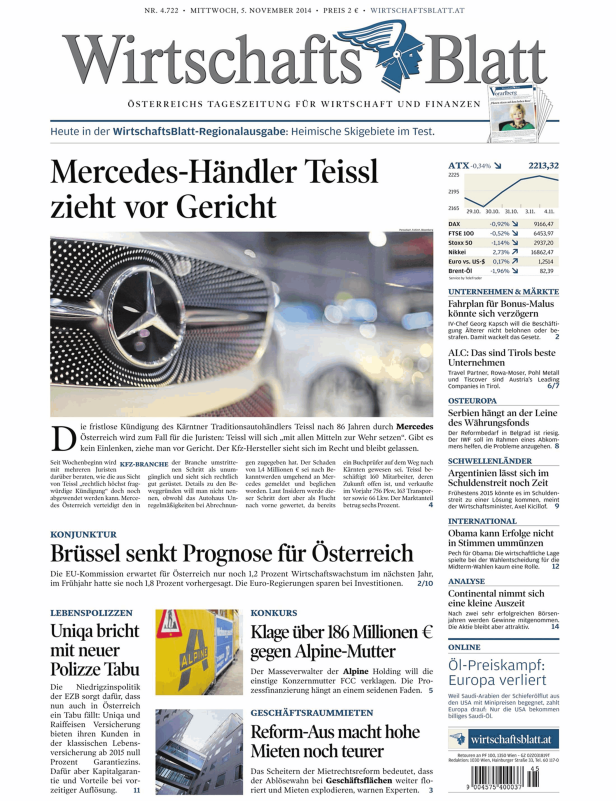 Titelseite des WirtschaftsBlatt vom 5. November 2014.