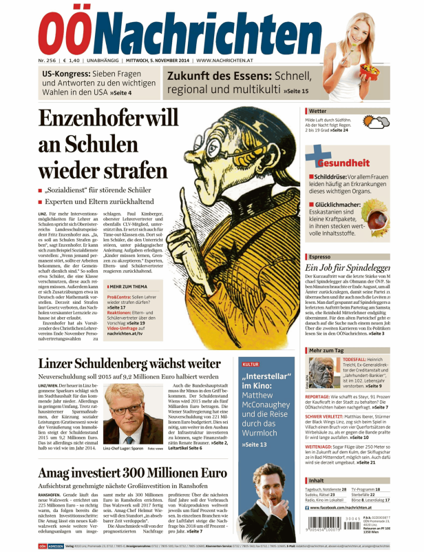 Titelseite der OÖNachrichten vom 5. November 2014 mit verschiedenen Artikeln und Bildern.