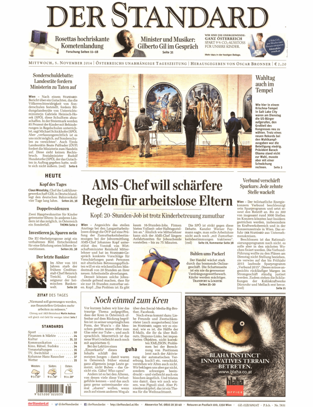 Titelseite der österreichischen Zeitung „Der Standard“ vom 5. November 2014.